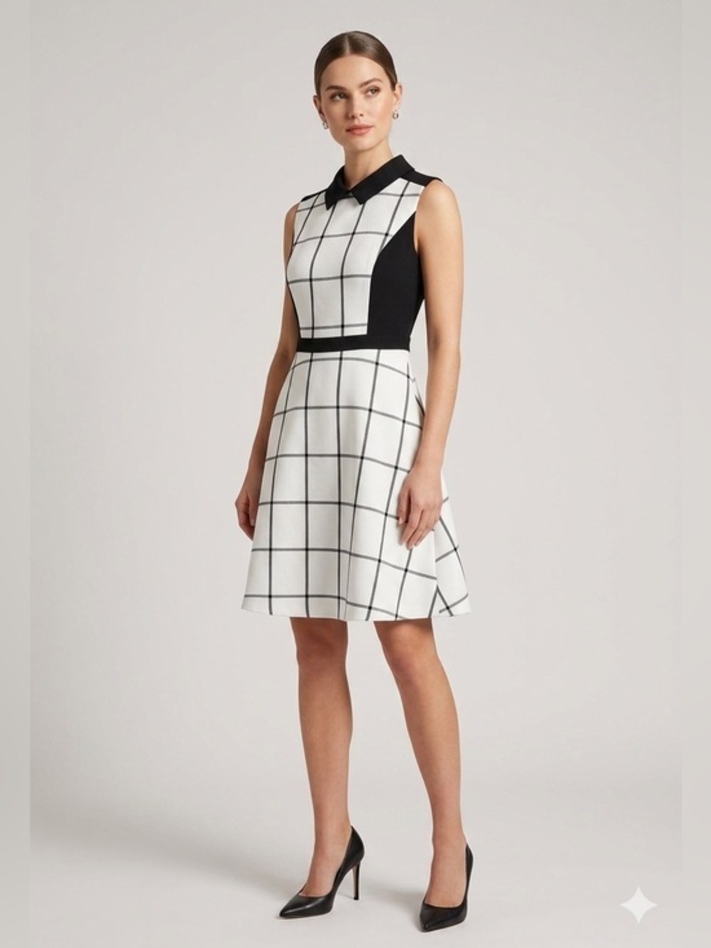 LOFT Petites 0 Dress 0P Black White Windowpane Grid Collared Fit Flare